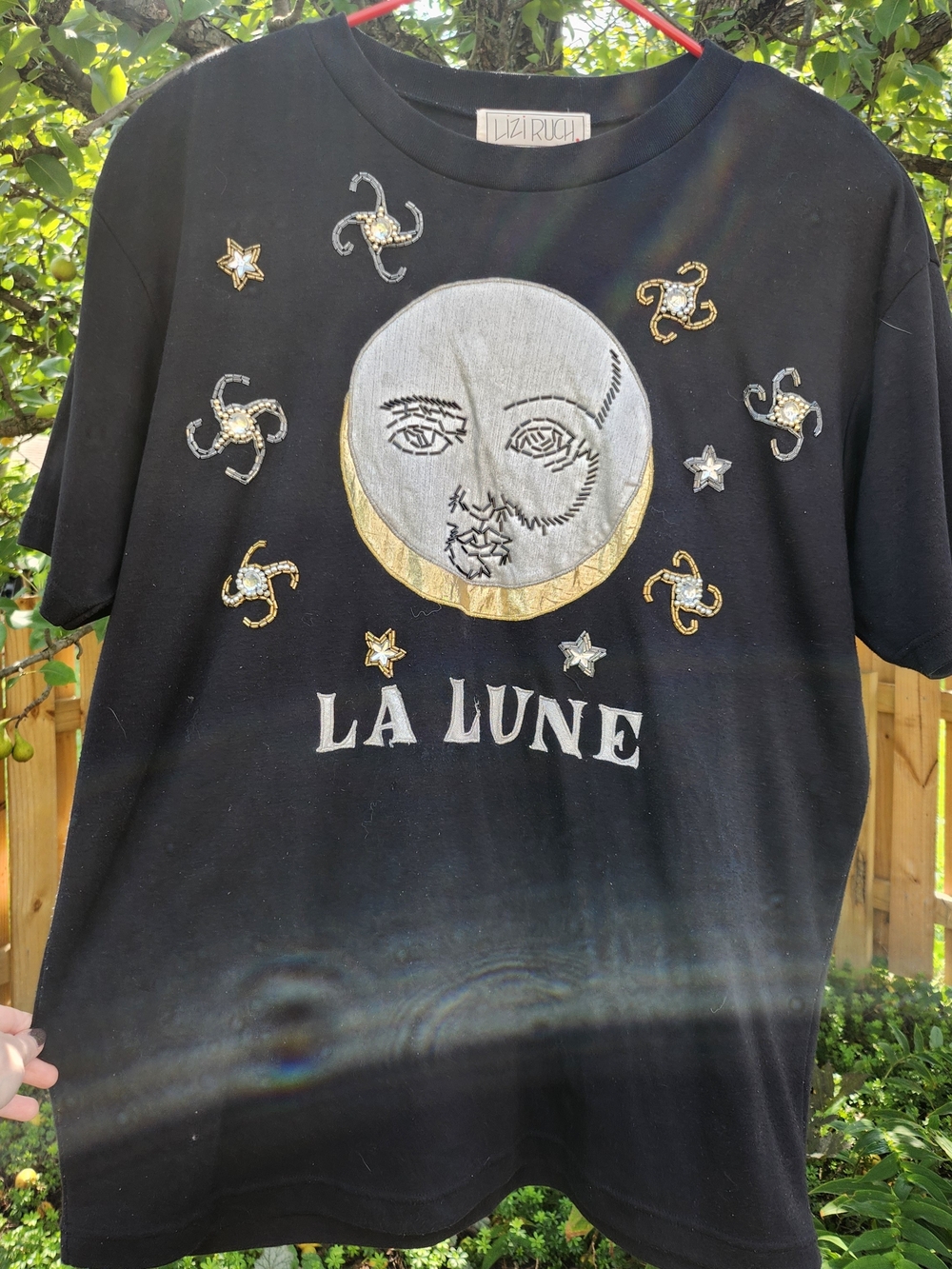 Vintage La Lune Embroidered Applique Beaded Moon Graphic Tee - Black
